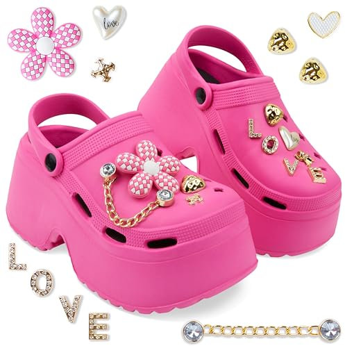 CityComfort Clogs for Women Platform Heeled Clogs Removable Charms Slip On Garden Mule Indoor Outdoor Holiday Essentials (3/4 UK, Pink)