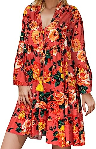 WVONIF Robe Ete Femme Mi Longue Manche Courte Mini Robe Décontractée Hawaïenne Été pour Femme - Robe Droite Manches Courtes - Robe T-Shirt Grande Taille Col en V- Robe de Plage Robe Africaine