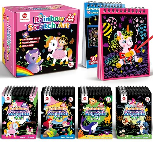 Mocoosy 24 Pack Scratch Art Party Favors for Kids Ages 4-8-12, Birthday Goodie Bag Stuffers, Rainbow Scratch Notebook Bulk, Coloring Books Art Craft Supplies Toddler Boy Girl Gifts Classroom Prizes