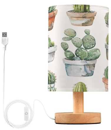SKYSHU Lampe de chevet en forme de cactus - Petite lampe de bureau LED USB avec base en bois antidérapante et abat-jour agréable pour les yeux - Pour salon, chambre à coucher, dortoir, maison, bureau