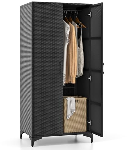 COSTWAY Gartenschrank Rattan, Kleiderschrank, Aufbewahrungsschrank Outdoor mit Hängelstange & 2 Türen, wetterfester Terrassenschrank, Geräteschrank für Garten, Schlafzimmer, 72 x 50 x 157cm