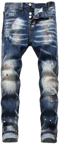 ZMIN Jeans da uomo a gamba piccola con fori strappati tessuto adesivo non elasticizzato, pantaloni blu retrò con schizzi di vernice, Blu, 46