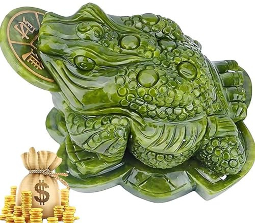Feng Shui Jade Money Frog Statue - Jade Frog with Coin in Mouth - Chinese Natural Jade Lucky Frog Decorative Sculpture, Good Luck Toad Decoration