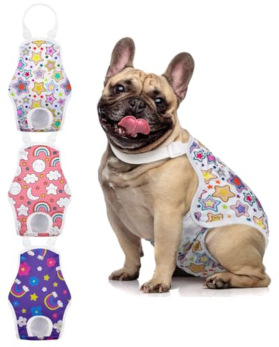 MICOOYO Återanvändbara hundblöjor 3-pack, justerbara tvättbara hundbyxor för tikar och valpar, katter, blöjor med bukserrem för inkontinens, löptid efter operationer (regnbåge, S)