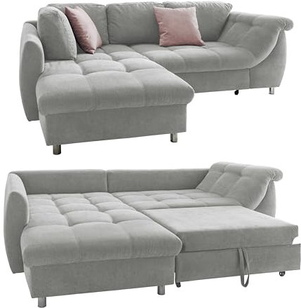 Ecksofa mit ausziehbarer Schlaffunktion B250/T190/H84 cm, Wellenunterfederung u. Komfortschaum, Longchair Ottomane links mit Bezug Mikrofaser in Grau, 2 Zierkissen Rosé / 17004