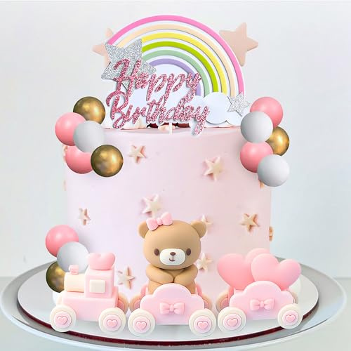 JeVenis Pink Bear Cake Toppers Train Bear Cake Decoration Pink Gold White Ball for Girl Baby Shower Birthday Party Decorations