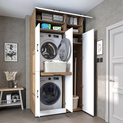 ROOMART Dora - Armoire de machine à laver - Pour sèche-linge et machine à laver - En 4 couleurs - Avec portes et panneau coulissant - Blanc - Chêne