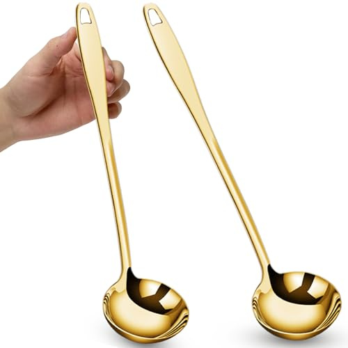 Bigwinyep 2 cucchiai da zuppa in acciaio inossidabile 304 dorato, con manico lungo 30,5 cm, cucchiaio da portata grande per cucinare buffet, feste, cucina, oro