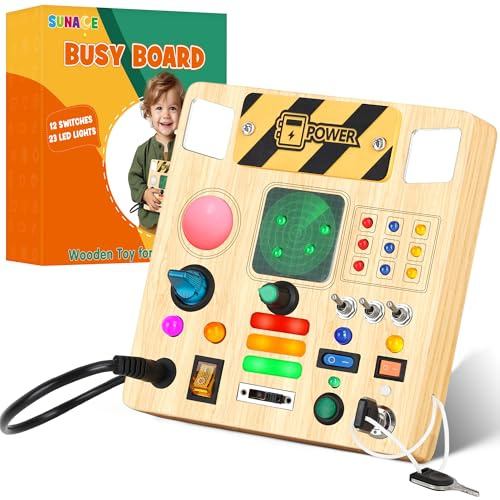 SUNACE Montessori Busy Board - Montessori Spielzeug ab 1 Jahr Holzspielzeug mit 12 Schalter 23 LED Motorikspielzeug Activity Board Schalter Spielzeug für Kleinkinder Jungen Mädchen ab 1 2 3 Jahre