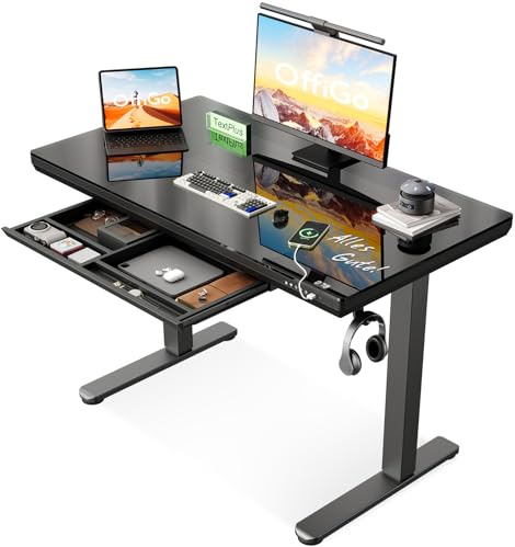OffiGo Glas Höhenverstellbarer Schreibtisch, 120 x 60 cm Elektrischer Schreibtisch mit Schublade, Ganze Tischplatte mit USB und Type-C, Standing desk, Steh-Sitz Glastisch für Home Office Büro, Schwarz