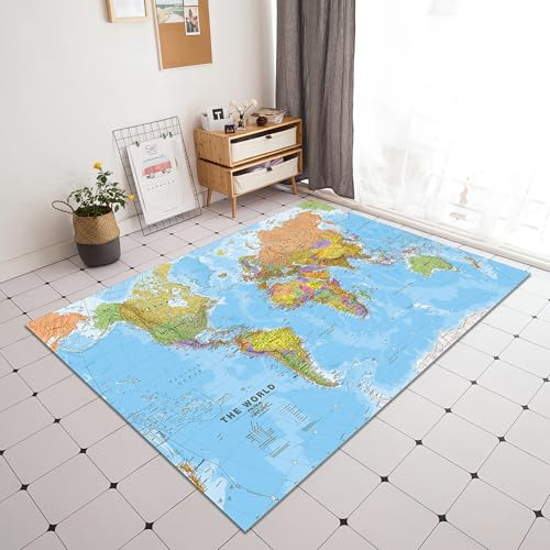 Lumirug Världspolitisk karta område matta 80 x 120 cm platt pedagogisk dekorativ stor golvmatta för klassrum, hem, kontor mjuk halkfri geografisk matta