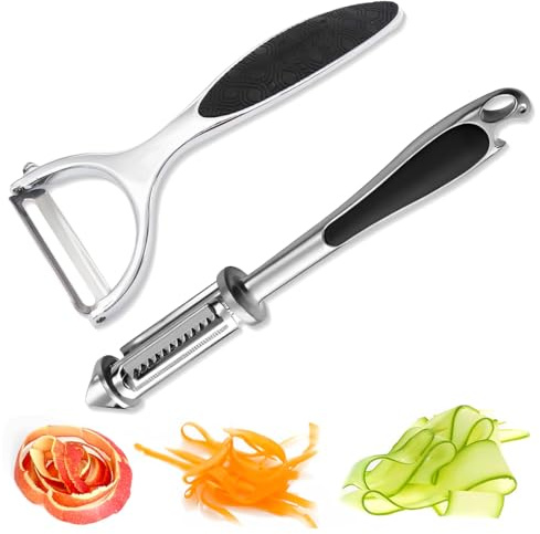 GGUFAY Sbucciatore universale (2 Pezzi), Pelapatate girevole Premium, Pela Verdure con Manico Antiscivolo, Lama in Acciaio Inossidabile, Per Verdure Frutta Carote
