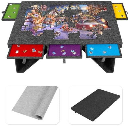 Tektalk Felt Jigsaw Puzzle Board with 5 Colored Drawers, Portable Puzzle Table for Adults, Super Lightweight Plateau with Cover，Storing for 1500, 1000, 500 Jigsaw Puzzle Pieces - Dark Gray
