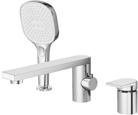 PHASAT 3 Loch Badewannenarmatur mit Ausziehbarem Handbrause, Wannenrand Badewanne Armatur Set, Wannenrandkombination aus Messing für Badezimmer, Chrom PTBC21E