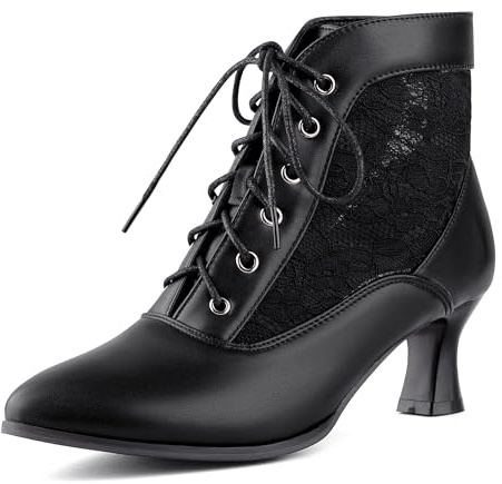 COOLCEPT Black Victorian Lace Up Ankle Boots for Women Vintage Elegant Booties Kitten Heel Lace Boots Dress Boots for Wedding Guest Party Gothic Retro Size 41