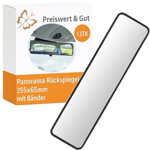 Panorama Rückspiegel innen 255 x 65 mm echtes Spiegelglas Weitwinkel | Universaler Innenrückspiegel mit Spannbändern, Panoramaspiegel Auto ohne Verzerrung Preiswert&Gut