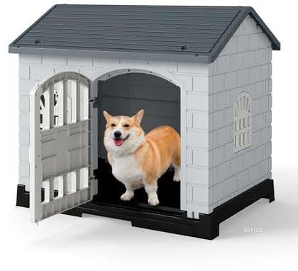 Plastik-Hundehütte, Hundehütte Welpenunterstand mit 3 Fenstern, abschließbare Tür, Schrägdach, abnehmbares Tablett, Indoor- und Outdoor-Hundezwinger für kleine und mittelgroße Hunde (Grau)
