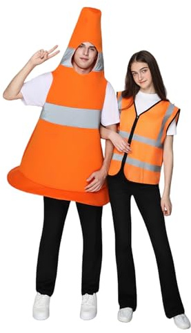 EraSpooky Unisex Erwachsene Verkehrskegel Kostüm orangefarbener Baukegel Overall reflektierende Sicherheitsweste 2 teiliges Halloween Paarkostüm Einheitsgröße