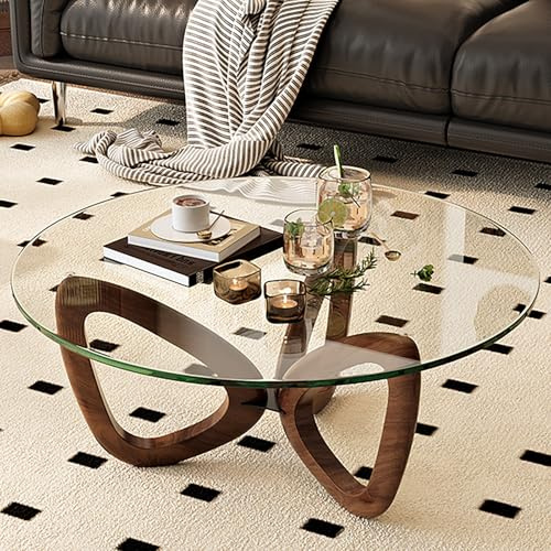 LIGUIEN Couchtisch Glas Rund, Tisch Wohnzimmer Modern, Wohnzimmertisch mit Gehärteter Glasplatte, Beine Aus Eschenholz für Wohnzimmer Schlafzimmer(60cm/23.6in)