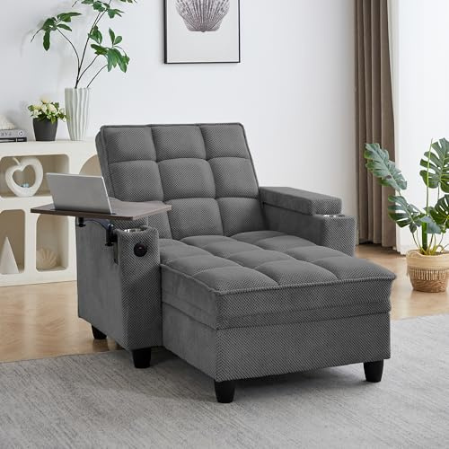 Oversized Recliner Chair with Swivel Tray Table, Modern Tufted Linen Fabric Single Sofa with Cup Holders & USB Port, 660 LBS Heavy Duty Reclining Chair for Living Room, Home Theater & Bedroom (41.7'')