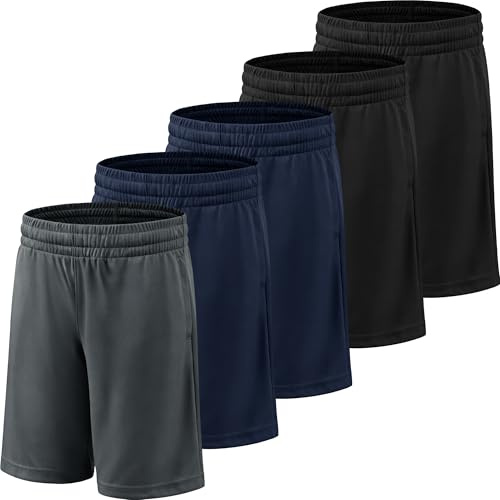 YOIOWVY Boys School Shorts PE Athletic Running Shorts Kids Casual 5Pcs | Breathable quick-dry polyester.2 Pockets,elastic waist,drawstring,machine washable.For basketball,football & daily play.