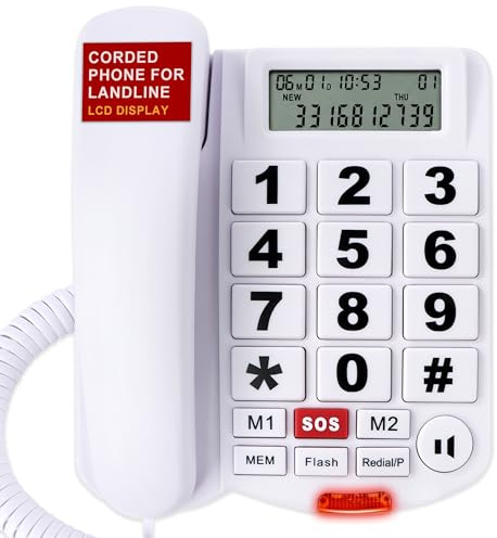 Uvital Big Button Corded Landline House Phone for Seniors with One-Touch | Telephone with Caller ID and SOS Emergency Button, Hands-Free, Loud Ringer for Home/Office/Hotel, Home Phone for Elderly