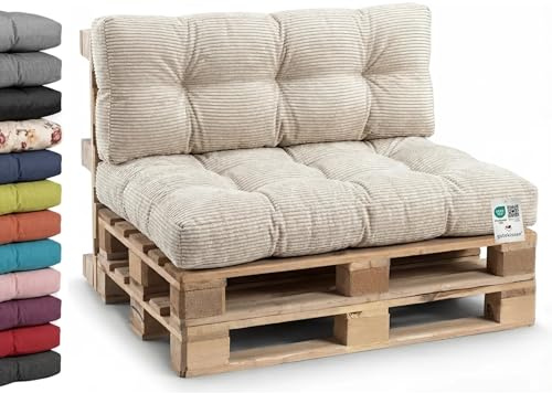 Gutekissen® Palettenkissen Cord, Gartensofakissen, Gesteppte Kissen gefüllt mit granuliertem Poulirette-Schaum PPI (Set (Sitzkissen 120x80 +Rückenlehne 120x40), Beige-Cord)