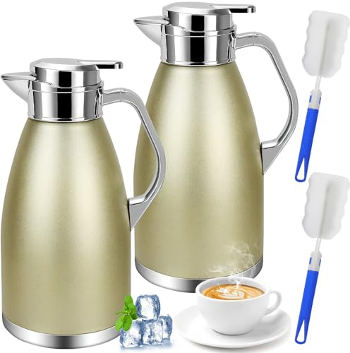 2 Pack 2.3L Thermal Carafe Jugs, Stainless Steel Thermal, Champaign Gold | Insulated Coffee Pot with Brushes, Double Walled Vacuum, for Keeping Hot Cold Tea Home Office