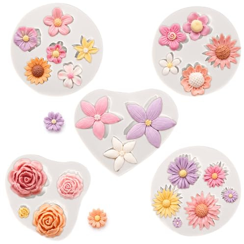5pcs Silicone Flower Molds, Non-Stick Rose Daisy Sunflower Chocolate & Fondant Molds for Cake Decorating Cupcake Toppers Cake Pops Candy Polymer Clay & DIY Baking Supplies