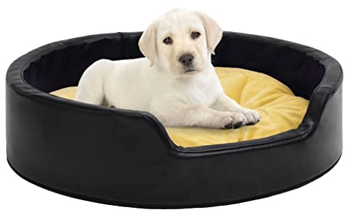 QUAHEAS Hundebett Schwarz-Gelb 99x89x21 cm Plüsch und Kunstleder, rutschfestes Haustierbett mit waschbarem Bezug, weiches Liegekissen, ideal als Hundekissen, Hundematratze