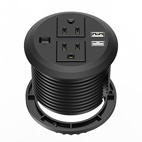 Desktop Hidden Power Grommet with 2 Power Socket & 2 USB Charging Ports and Network Interface.Desk Power Grommet with 10Ft Heavy Duty Extension Cord and Network Cable, Easy Mounting