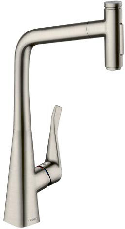 hansgrohe Küchenarmatur Metris Select mit Schlauchbox (Wasserhahn Küche 110°/150° schwenkbar, hoher Auslauf 320mm mit ausziehbarer Brause, 2 Strahlarten und sBox, Standardanschlüsse) Edelstahl Finish
