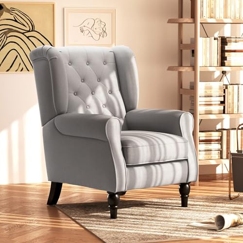 HOMCOM Mid-Century Modern Accent Chair, High Wingback Reading Chair, Button-Tufted Upholstered Fabric Armchair with Retro Wood Legs for Apartment, Living Room, Bedroom, Gray