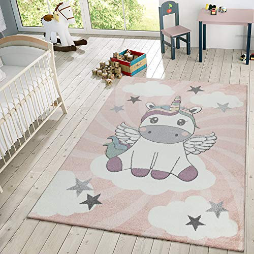 TT Home Kinderteppich Mädchen Spielteppich Niedliches Einhorn Wolken In Rosa Weiß Lila, Größe:120x170 cm