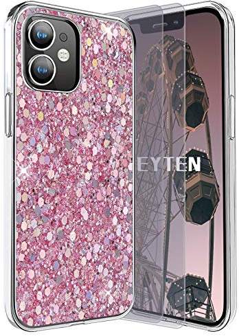 Feyten Cover per iPhone 13 Mini con Vetro Temperato [2 Pack], Lucciante Brillantini Design TPU Gel Silicone Anti-Graffio Protettivo Cover Custodia per iPhone 13 Mini 5,4 Pollici (Rosa)