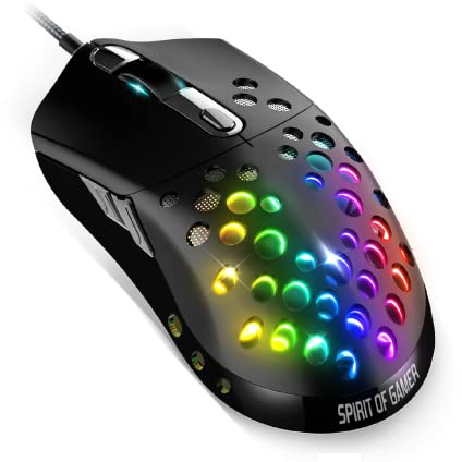Spirit Of Gamer - ELITE M80 - Souris Gaming RGB ultra-légère - Câble flexible - Capteur optique 4200 DPI - 6 boutons programmables - Coque perforée en nid d'abeille noir - Poids : 68 g