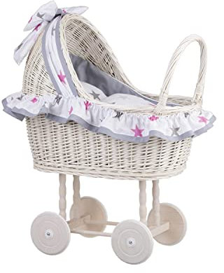 e-wicker24 Alles aus Weide Puppenwagen aus Weide mit Bettwäsche perfekte Geschenkidee Korbpuppenwagen schöner Spielzeug aus Korbgeflecht Korbwagen für Puppen Spielzeug für Mädchen (White)