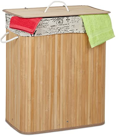 Relaxdays Panier à Linge en Bambou, 2 Compartiments, trieur vêtement, Couvercle, HLP 64x55x34,5 cm, Sac Amovible, Nature