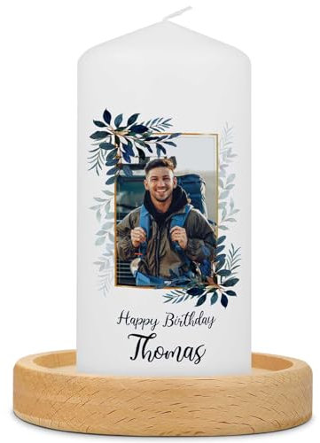 GRAVURZEILE Bedruckte Kleine Kerze - Geburtstagskerze Happy Birthday Foto - Personalisiert mit Name & eigenem Foto - brilliant bedruckte Kerze zum selbst gestalten - Farbe Blau