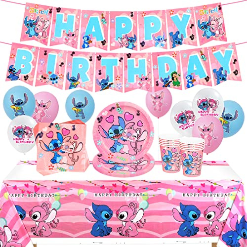 Partygeschirr Set,Mädchen Geburtstagsdeko Kit,51PCS Geschirr Tischdekoration,Rosa Luftballons,Gehören Teller,Latexballon,Tasse,Tischdecke,Servietten und Pull Flag für Birthday Party Jubiläum