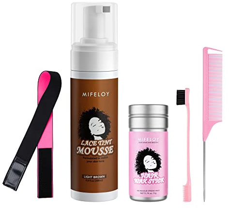 5 Stück Perücke Werkzeug Set, Frauen Lace Tint Melting Hair Mousse Foam 6.8oz, Mocha Middle Brown Toupees Spray Glue, 2.7oz Styling Pomade Gel Wax Stick, Elastic Wig Band, Edge Control Brush, Comb