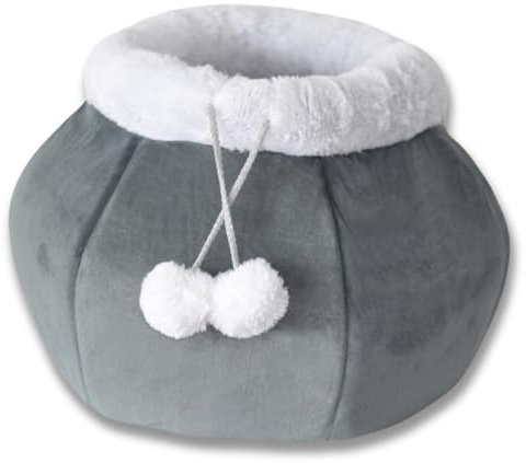 Katzenhöhle und Katzenbett 2 in 1 –grau– kann als Katzenhöhle oder auch als Katzenbett/-körbchen verwendet Werden – mit Antirutsch Boden für einen sicheren Stand und Flauschigen Bällchen zum Spielen