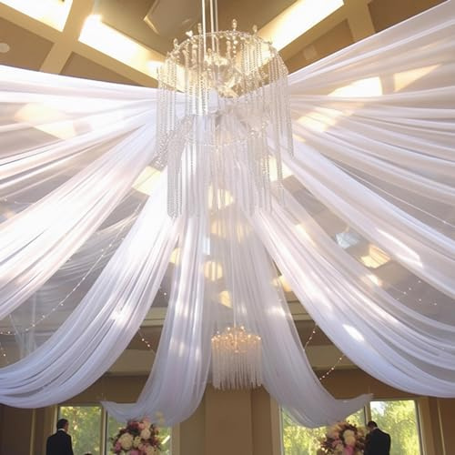 Merkaunis 6 Panels White Ceiling Drapes for Weddings 5x20 FT Wedding Arch Draping Fabric Chiffon Fabric Wedding Drapery,Tulle Sheer Curtains for Party Ceremony Stage Decoration