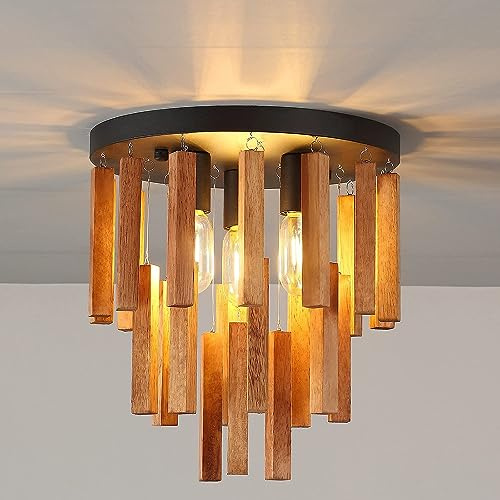 Holz Deckenleuchte E27 Retro Industrial Pendelleuchte Eisen Loft Kronleuchter Hängend Design Vintage Deckenlampe für Schlafzimmer Esszimmer Wohnzimmer Bar Balkon Beleuchung ohne Leuchtmittel
