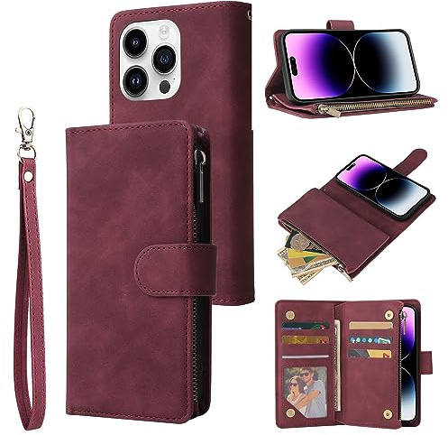 QLTYPRI Case for iPhone 15 Pro 6.1 inch, Large Capacity Leather Wallet Case 6 Card Holder & 1 Zipper Pocket Kickstand Wrist Strap Magnetic Case for iPhone 15 Pro - Wine Red