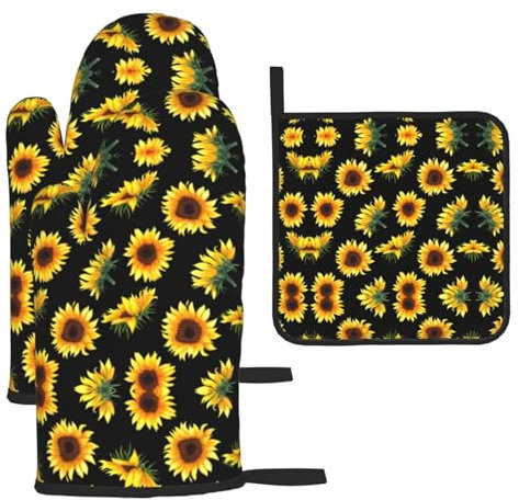 Sonnenblume Blumen Pflanzen Schwarz und Gelb 3 Stück Haushalt Backhandschuhe und Pfannenabdeckungen Hitzebeständig zum Kochen, Backen und Grillen in der Küche