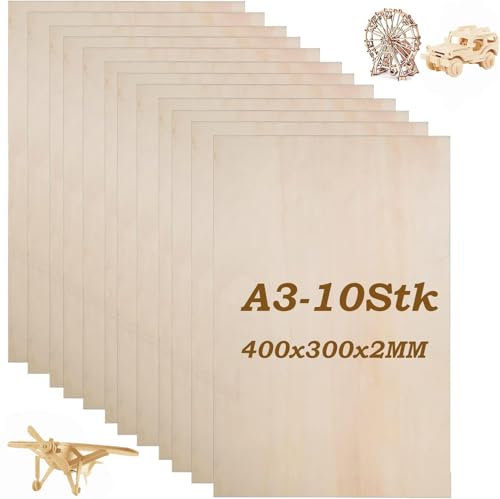 JMIATRY Lot de 10 plaques de contreplaqué de 2 mm en bois de tilleul - 400 x 300 x 2 mm - Plaques en bois pour bricolage, modèle, peinture, gravure