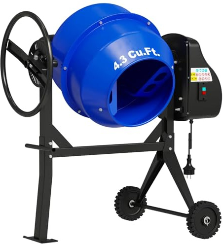 4.3 Cu.Ft Cement Mixer, 450W 3/5HP Electric Cement Mixer Machine, Heavy Duty Potable Concrete Mixer Machine with Wheel and Stand for Stucco, Mortar, Seeds, Blue