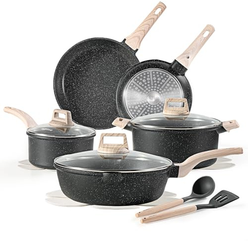 CAROTE 14Pcs Pots and Pans Set Non Stick, Cookware Sets Induction Cookware Granite Cooking Set with Frying Pans, Saucepans, Saute Pan, Extra Large Casserole