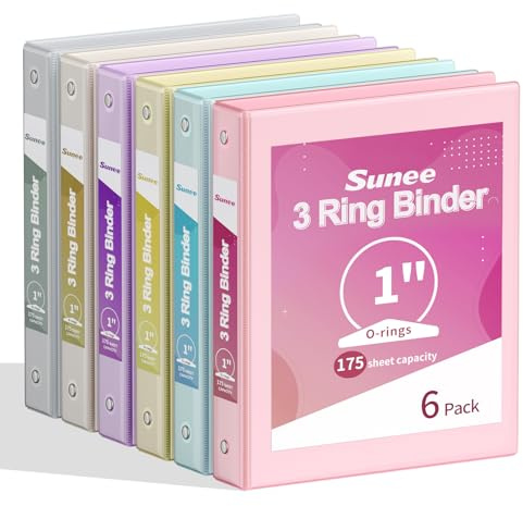 SUNEE 1 Inch Binders 3 Ring 6 Pack, Clear View Three Ring Binders PVC-Free (Fit 8.5x11 Inches) for School or Office Supplies, Pastel Binder